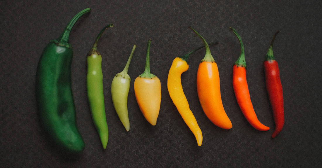 various chile peppers with different colors